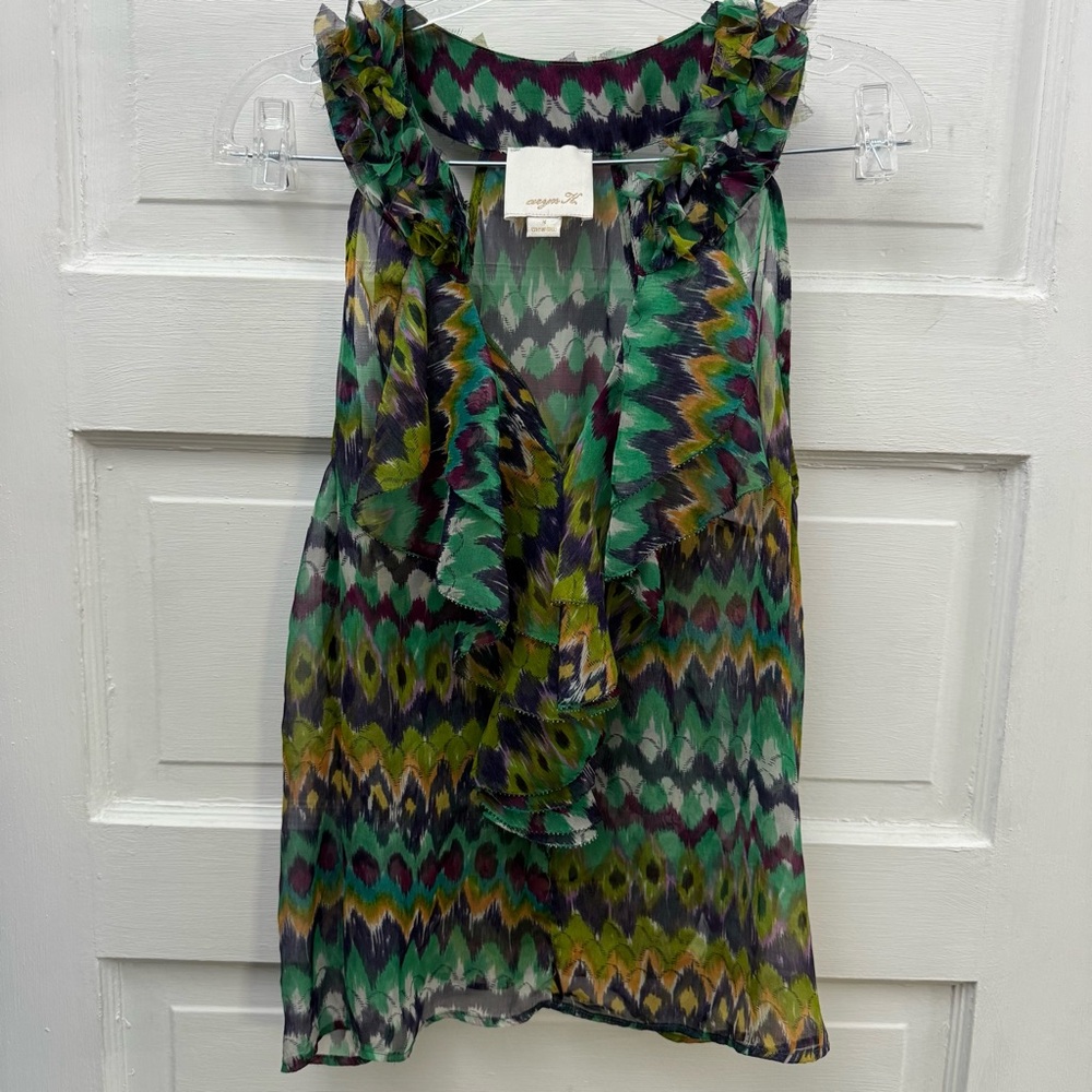 Aryn K Multicolor Ikat Ruffle Sleeveless Blouse Small